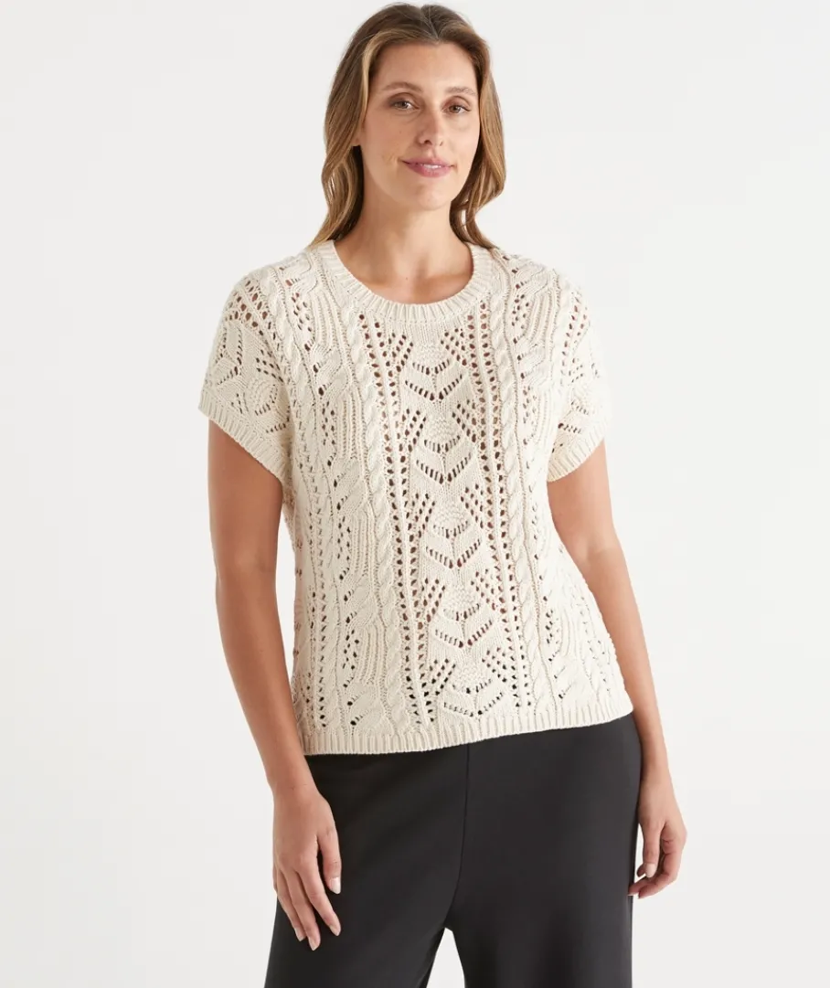 Sussan Tops|Knitwear>Cable Short Sleeve Knit