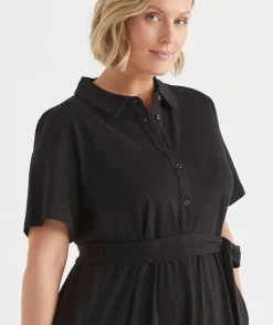 Sussan Dresses>Collared Jersey Short Sleeve Midi Dress