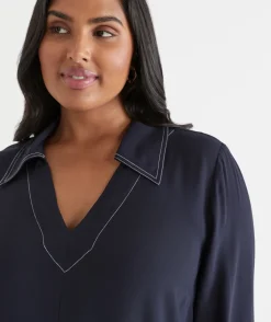 Sussan Dresses>Contrast Stitch Collared Popover Dress