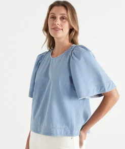 Sussan Tops|Denim>Denim Flutter Sleeve Top