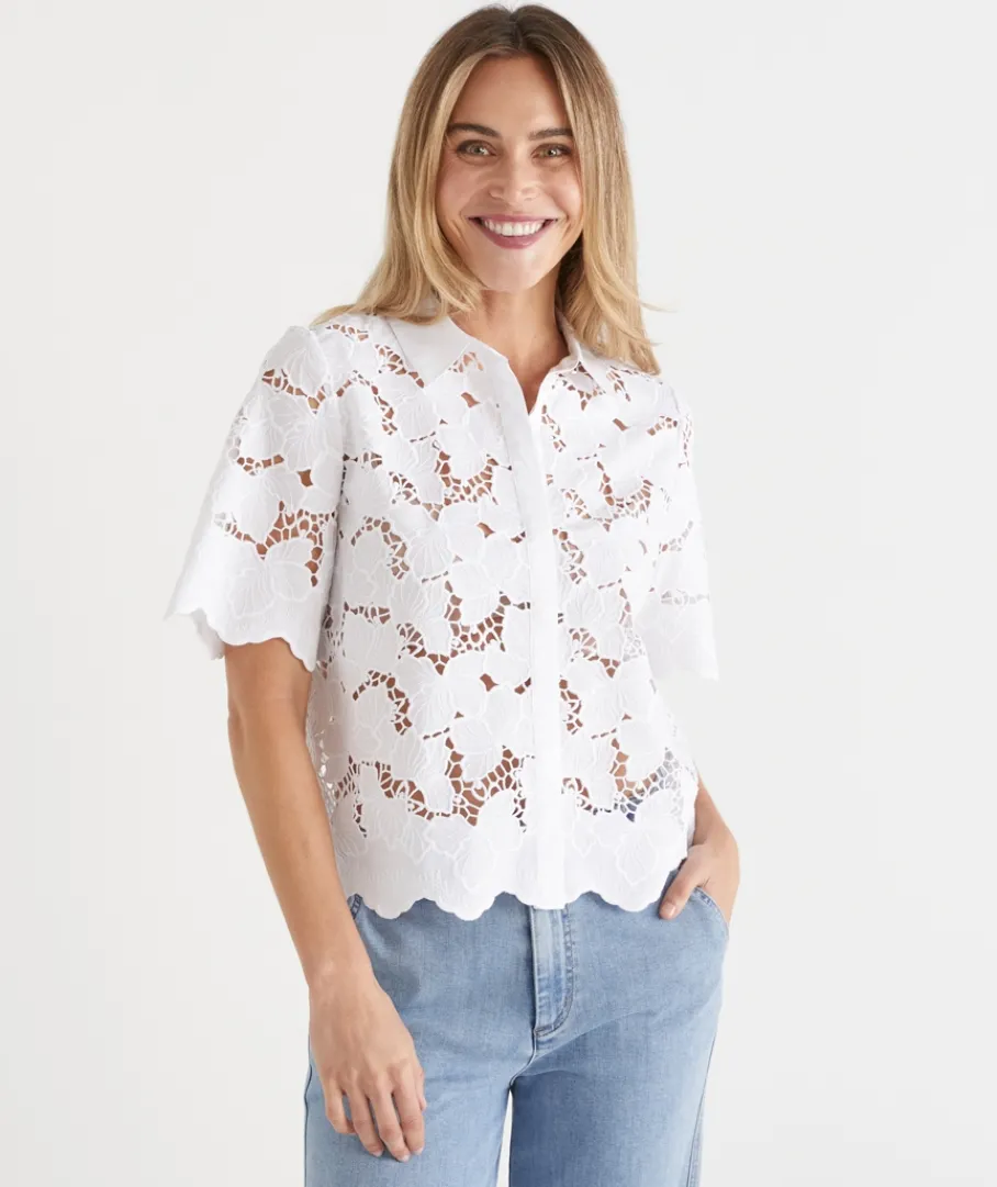 Sussan Tops|Shirts & Blouses>Floral Garden Broderie Short Sleeve Shirt