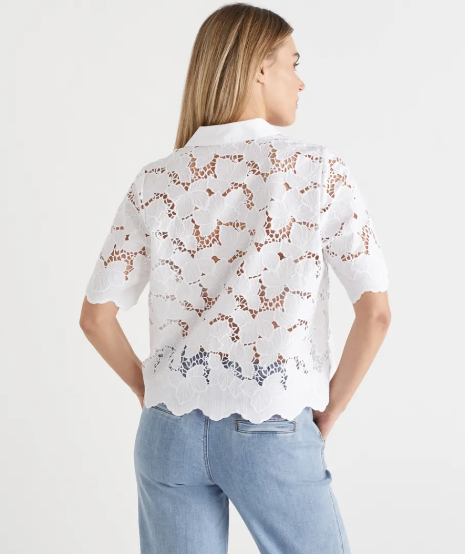 Sussan Tops|Shirts & Blouses>Floral Garden Broderie Short Sleeve Shirt