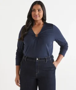 Sussan Tops>Hardware Detail Long Sleeve Top - Navy