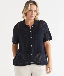 Sussan Tops|Matching Sets>Knit Pointelle Polo Top