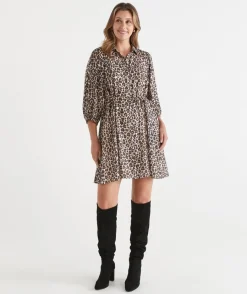 Sussan Dresses>Leopard Print Belted Midi Shirt Dress