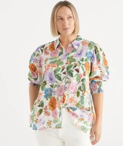 Sussan Tops|Matching Sets>Linen Floral Botanical 3/4 Sleeve Shirt