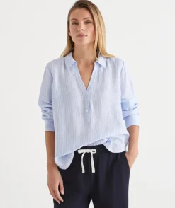 Sussan Tops|Shirts & Blouses>LINEN SPLIT BACK STRIPED SHIRT