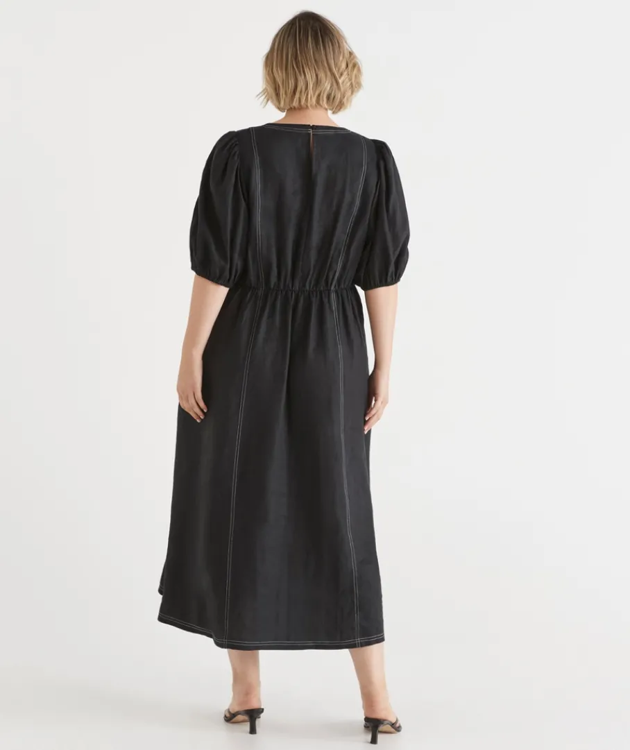 Sussan Dresses>Linen Stitch Detail Short Sleeve Midi Dress