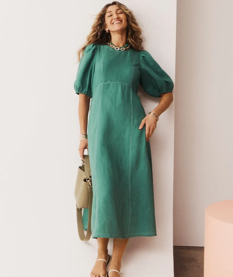 Sussan Dresses>Linen Stitch Detail Short Sleeve Midi Dress