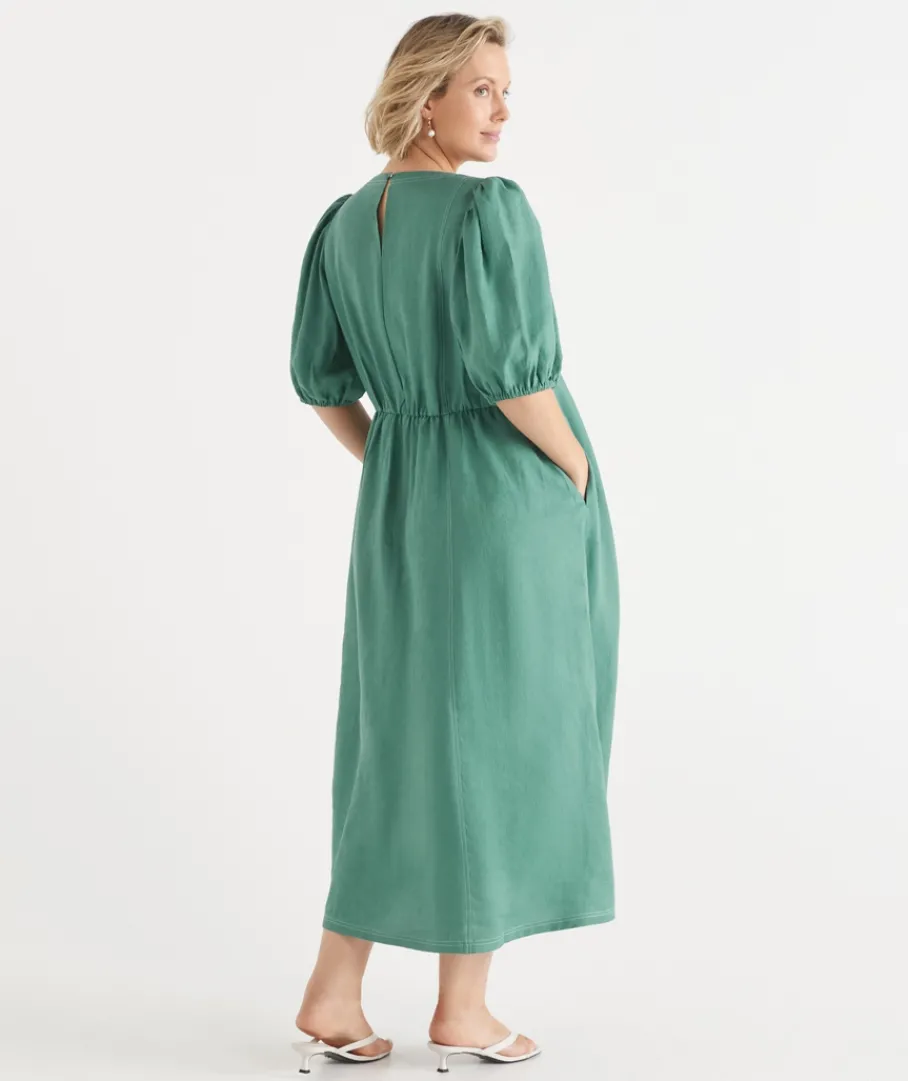 Sussan Dresses>Linen Stitch Detail Short Sleeve Midi Dress