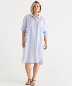Sussan Dresses>Linen Stripe Midi Shirt Dress
