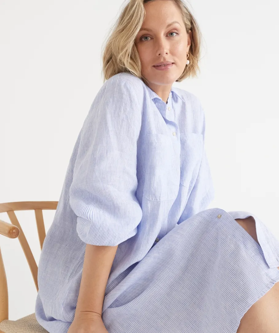 Sussan Dresses>Linen Stripe Midi Shirt Dress