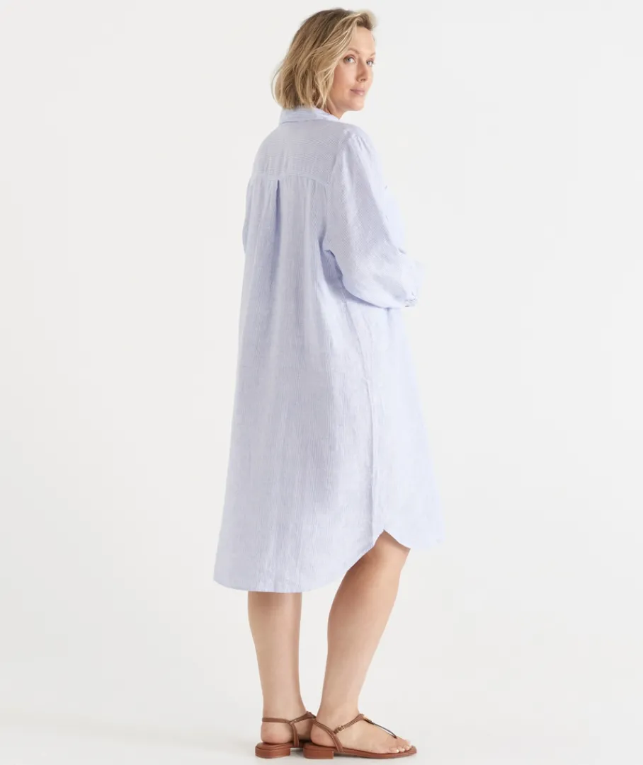Sussan Dresses>Linen Stripe Midi Shirt Dress