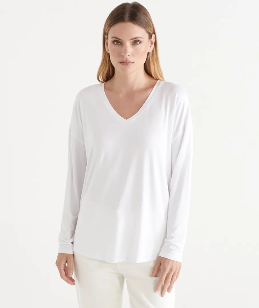 Sussan Tops|T-Shirts>Long Sleeve V Neck Pleat Back Tee