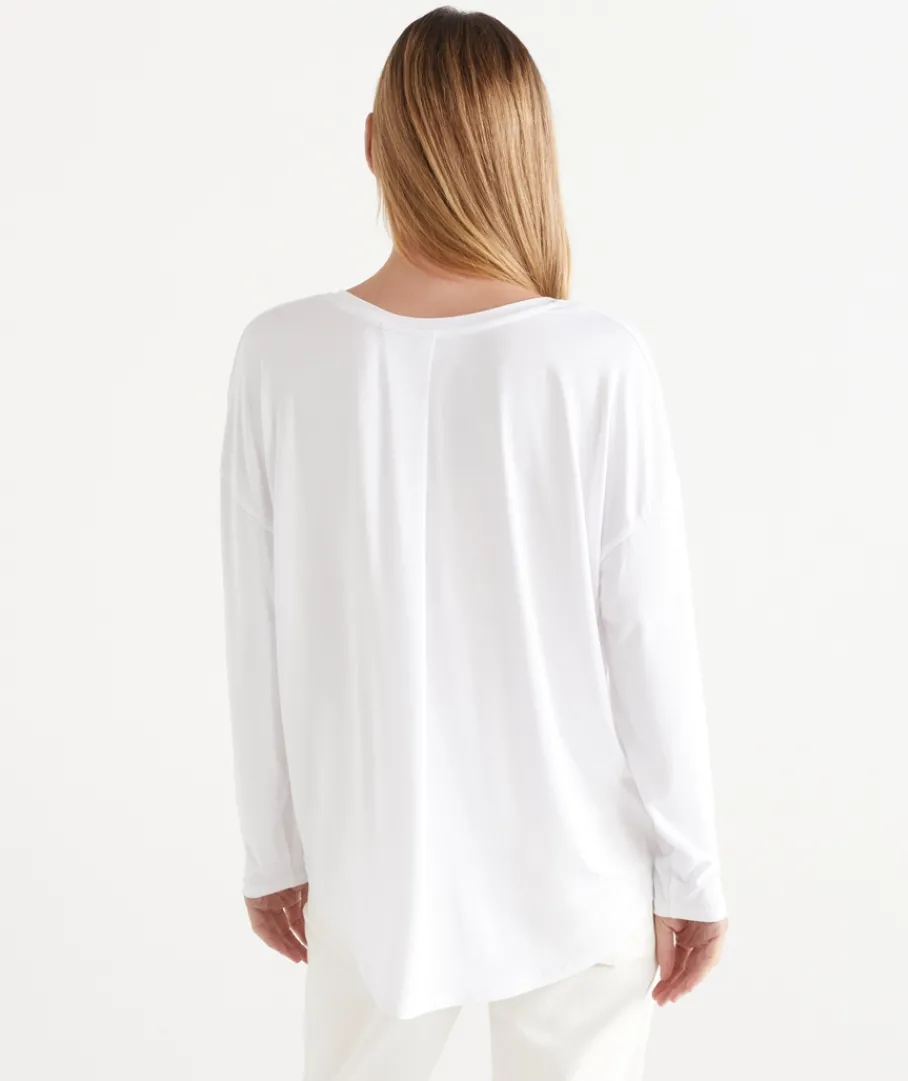 Sussan Tops|T-Shirts>Long Sleeve V Neck Pleat Back Tee