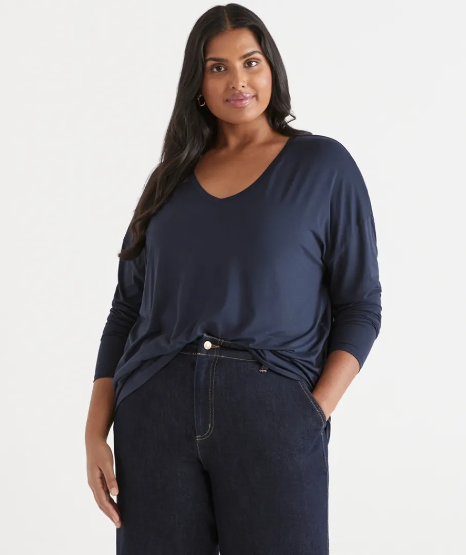 Sussan Tops|T-Shirts>Long Sleeve V Neck Pleat Back Tee