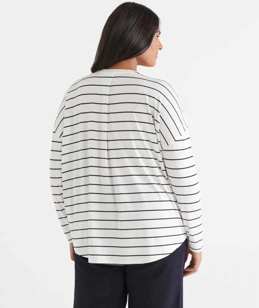 Sussan Tops|T-Shirts>Long Sleeve V Neck Stripe Pleat Back Tee -