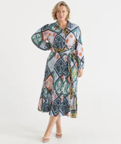 Sussan Dresses>Mosaic Print Long Sleeve Midi Shirt Dress