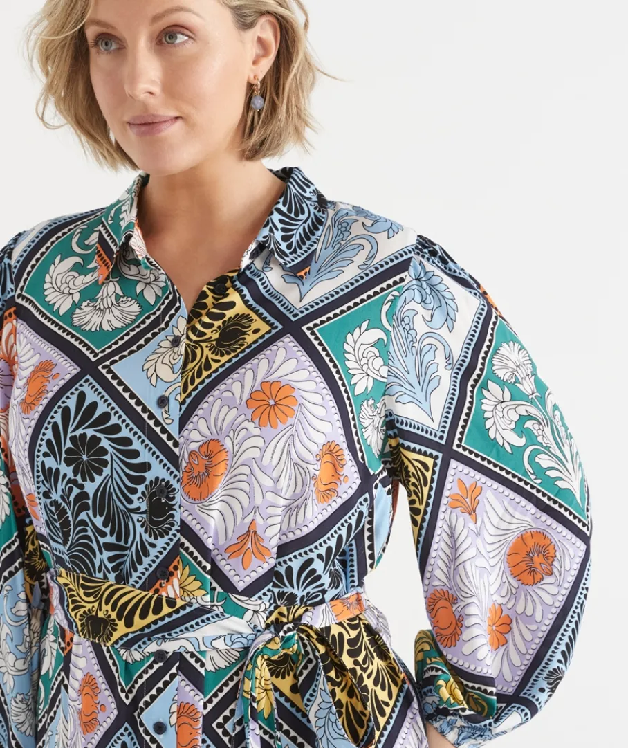 Sussan Dresses>Mosaic Print Long Sleeve Midi Shirt Dress