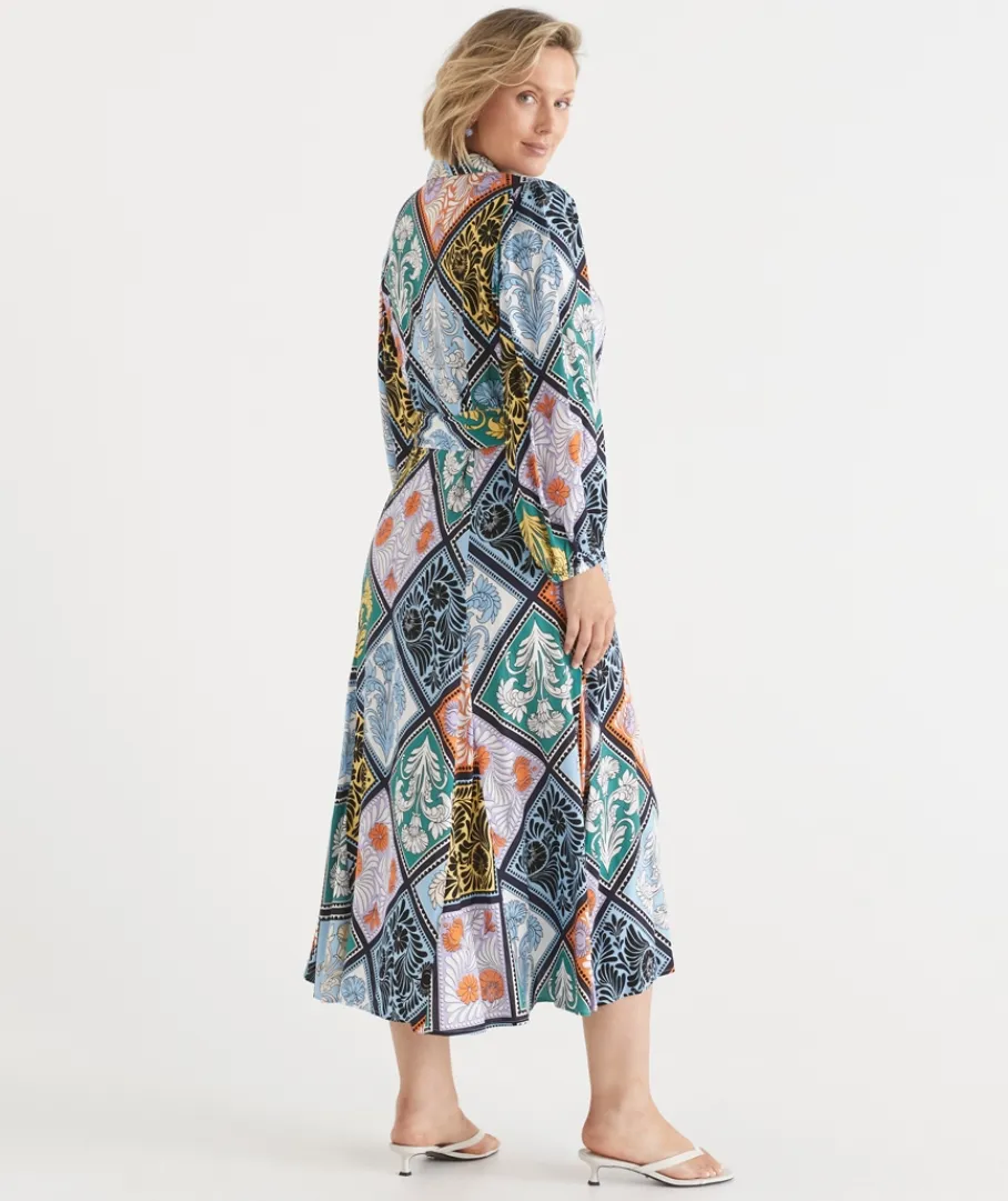 Sussan Dresses>Mosaic Print Long Sleeve Midi Shirt Dress