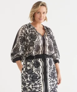 Sussan Tops|Matching Sets>Noir Bloom Long Sleeve Blouse