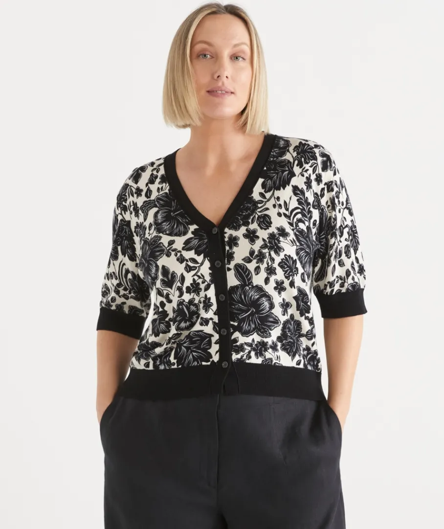 Sussan Tops|Matching Sets>Noir Bloom Short Sleeve Cardigan