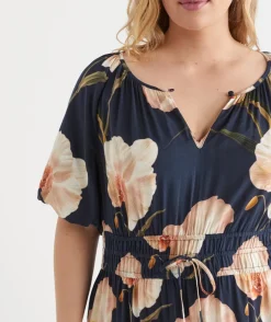 Sussan Dresses>Orchid Floral Short Sleeve Midi Dress