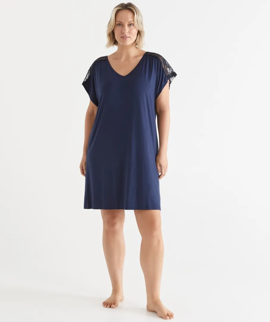 Sussan Nighties>Short Sleeve Navy Lace Nightie