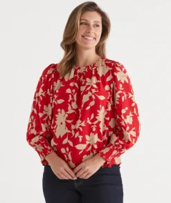 Sussan Tops|Shirts & Blouses>Silhouette Floral Print Long Sleeve Top - Red