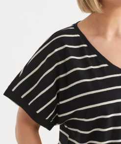 Sussan Tops|T-Shirts>Slub Stripe Dolman V Neck T-Shirt - Black