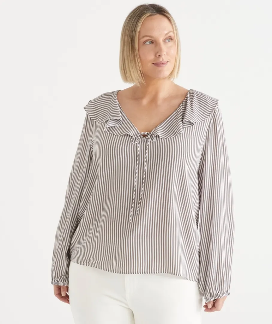 Sussan Tops|Shirts & Blouses>Stripe Frill Detail Long Sleeve Blouse