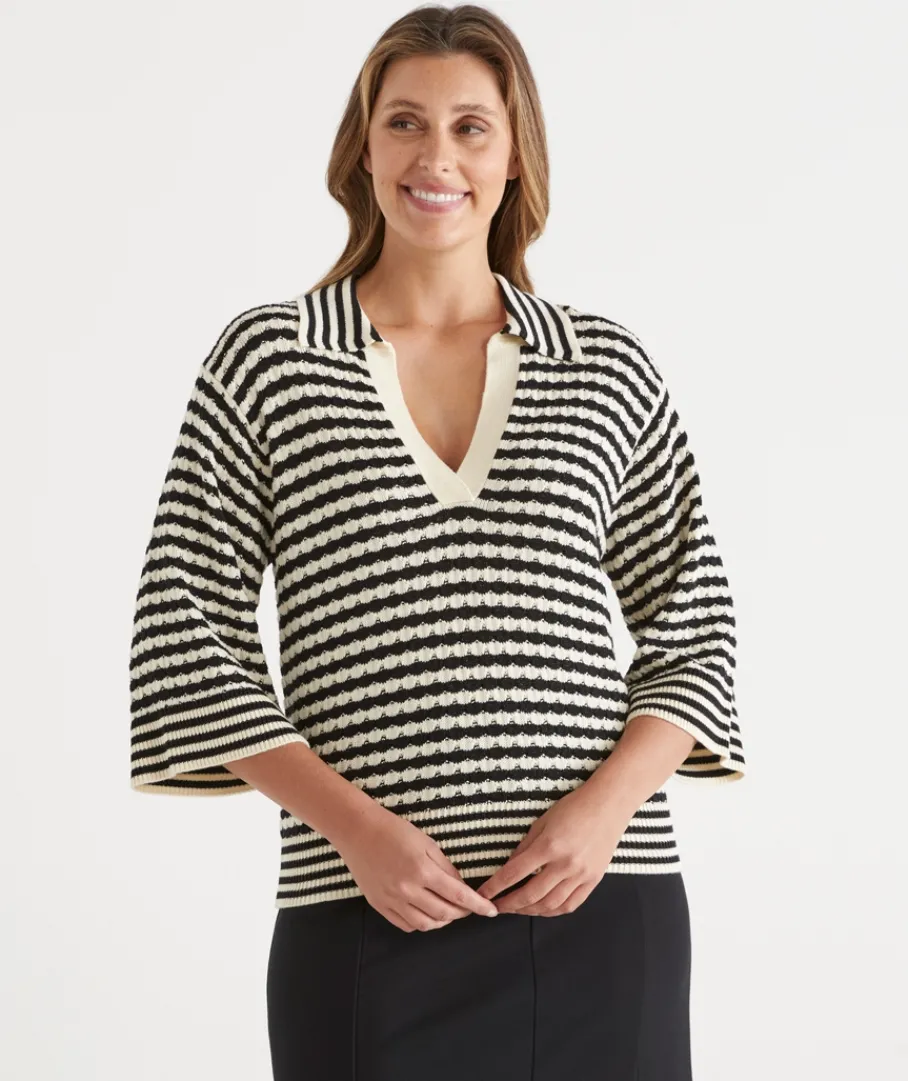 Sussan Tops|Knitwear>Stripe Knit Polo Top