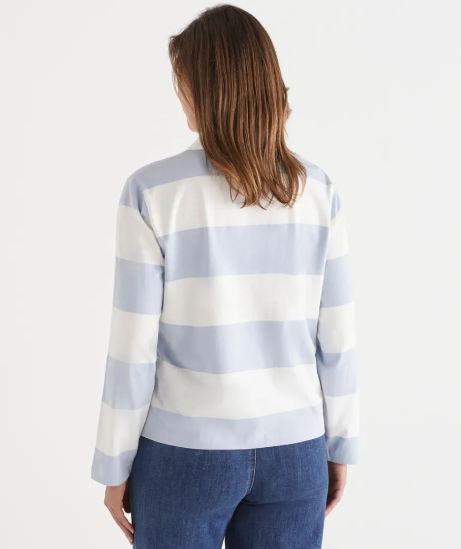 Sussan Tops>Stripe Long Sleeve Polo Rugby Top - Blue