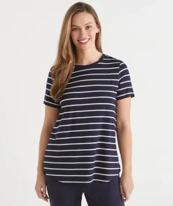 Sussan Tops|T-Shirts>Stripe Seam Detail Curve Hem Tee