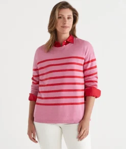 Sussan Tops|Knitwear>Striped Crew Neck Knit Jumper - Red/Pink