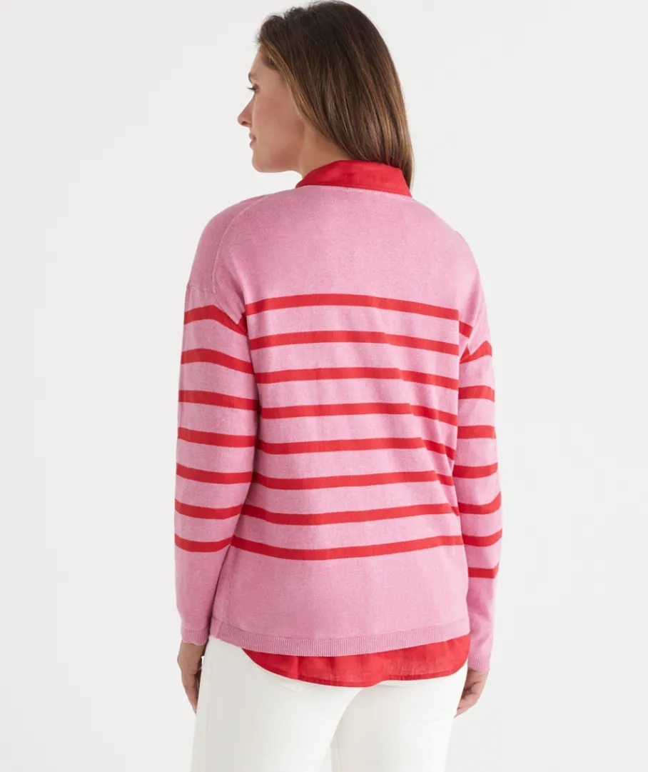 Sussan Tops|Knitwear>Striped Crew Neck Knit Jumper - Red/Pink
