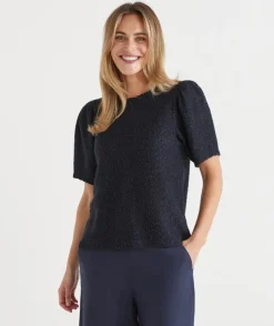 Sussan Tops>Textured Puff Short Sleeve Top - Parchment