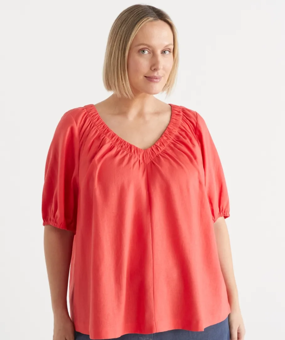 Sussan Tops|Shirts & Blouses>V Neck Ruched Short Sleeve Top